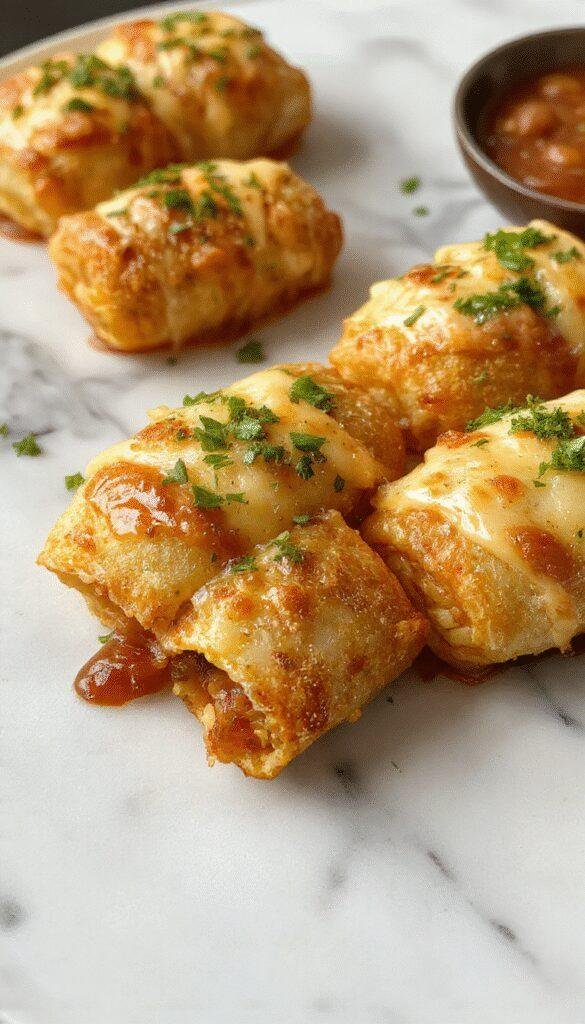Golden brown, crispy air fryer pizza rolls arranged neatly on a rustic wooden platter, topped with melted cheese and sprinkled with herbs, capturing a tempting snack with crunchy textures and vibrant colors.