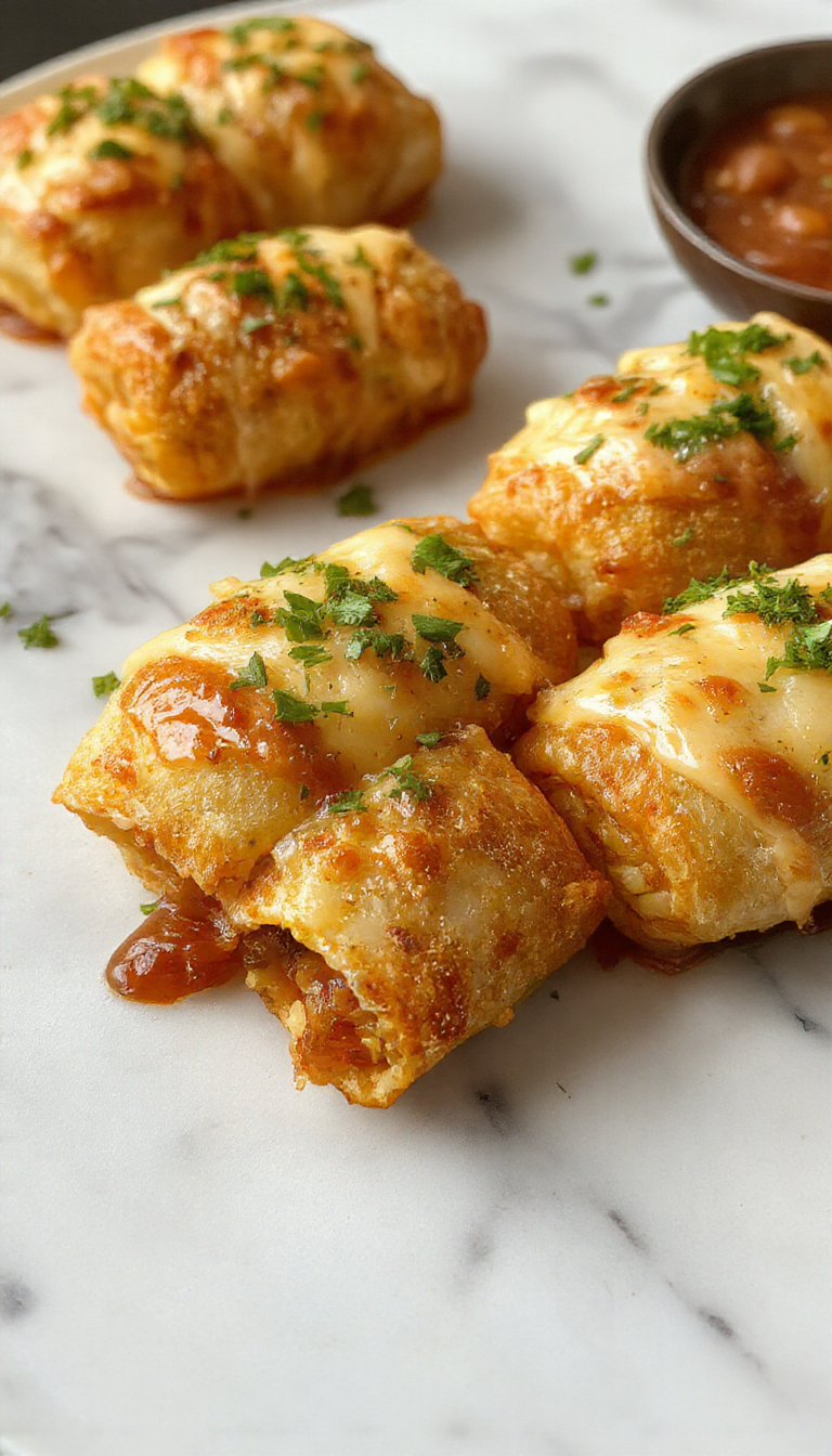 Golden brown, crispy air fryer pizza rolls arranged neatly on a rustic wooden platter, topped with melted cheese and sprinkled with herbs, capturing a tempting snack with crunchy textures and vibrant colors.