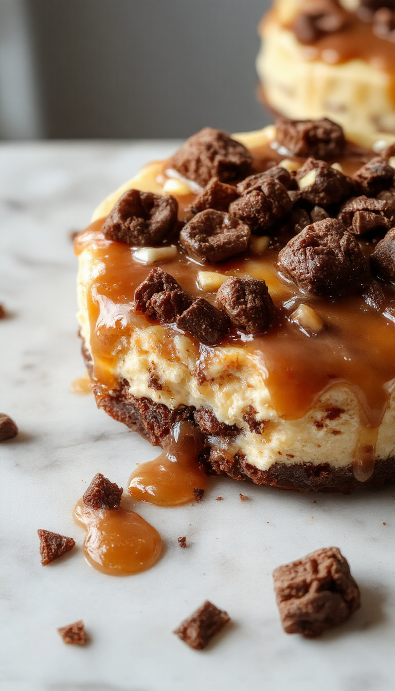 A luscious slice of caramel brownie cheesecake on a white plate, topped with rich caramel drizzle and a dollop of whipped cream, with a crumbly brownie base visible beneath a creamy cheesecake layer, garnished with caramel sauce and chocolate shavings, styled elegantly on a rustic wooden table with soft natural lighting.