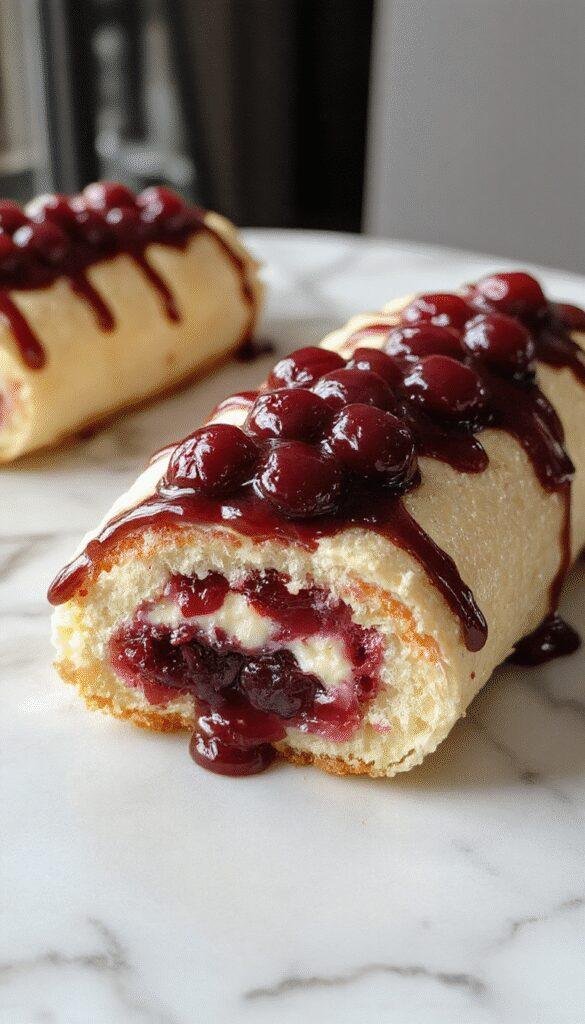 A vibrant cherry cheesecake cake roll drizzled with glossy cherry glaze, sliced to reveal a swirled cream cheese filling, topped with fresh cherries and powdered sugar, presented on a rustic white platter with a soft-focus background of a cozy kitchen.