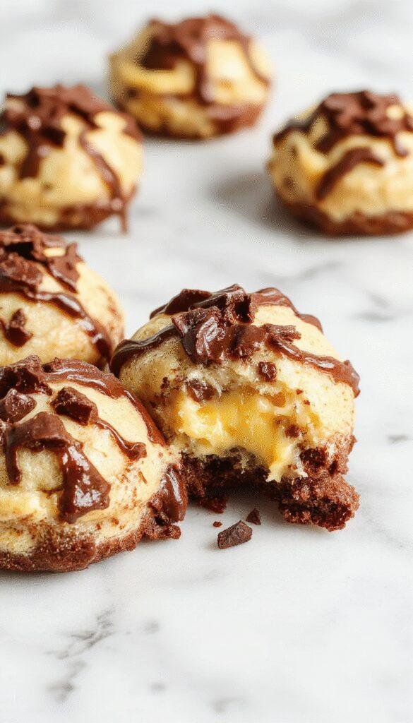 A close-up of golden-brown cookie bites topped with rich chocolate and creamy cheesecake filling, arranged on a white platter with a drizzle of melted chocolate and scattered chocolate chips, with a blurred background of a rustic kitchen setting.