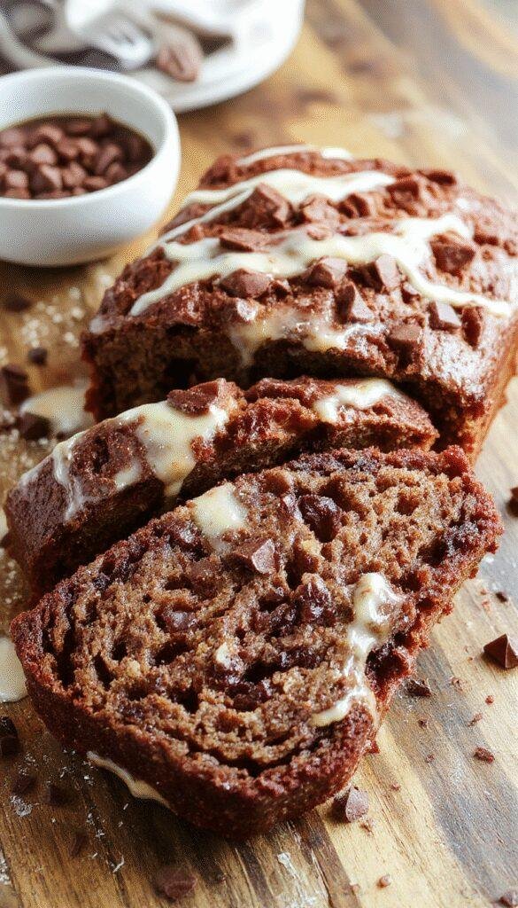 A slice of decadent chocolate espresso banana bread on a wooden plate, garnished with a dusting of cocoa powder and slices of banana, surrounded by coffee beans and espresso cups.