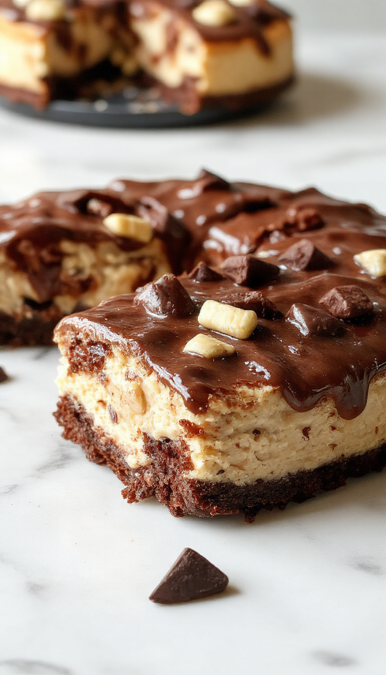 A multi-layer chocolate cheesecake cake topped with glossy chocolate ganache, swirls of creamy peanut butter, and decorated with chunks of peanut and chocolate shavings, all presented on a sleek white plate with a rustic wooden background.