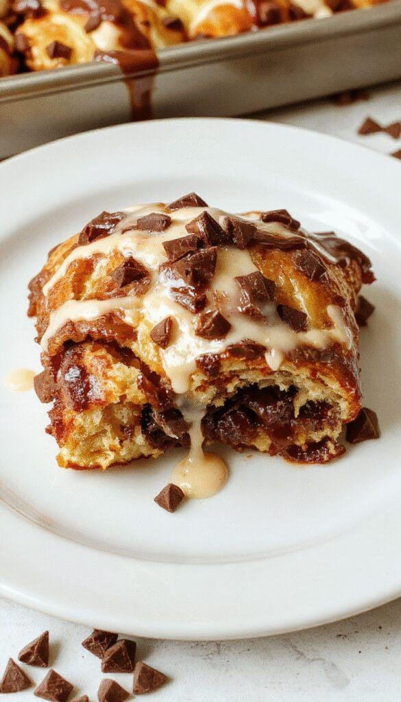 A golden-brown chocolate croissant bake topped with powdered sugar, garnished with fresh berries and a drizzle of chocolate sauce, served on a rustic plate.
