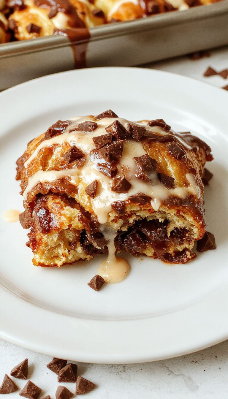 A golden-brown chocolate croissant bake topped with powdered sugar, garnished with fresh berries and a drizzle of chocolate sauce, served on a rustic plate.