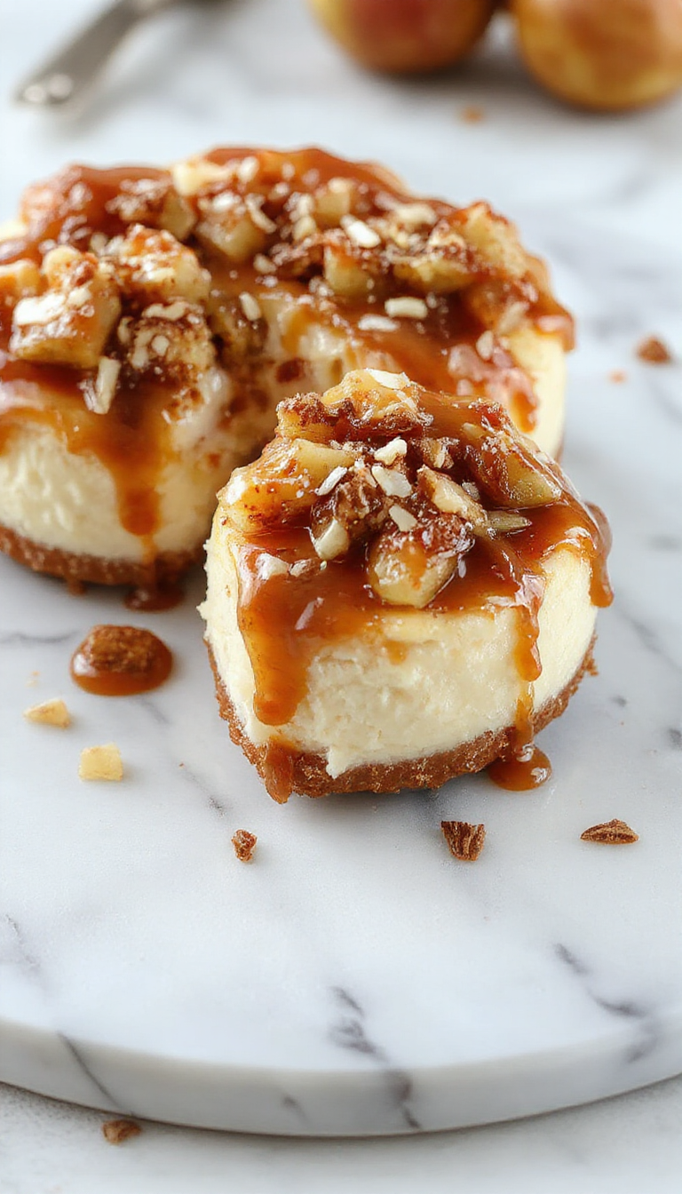 A luscious slice of salted caramel apple pie cheesecake on a white plate, garnished with caramel drizzle and a sprinkle of sea salt, with tender apple slices and crumbled graham cracker crust visible. The background features a rustic wooden table with caramel sauce and fresh apple slices, highlighting the creamy texture and inviting appeal.
