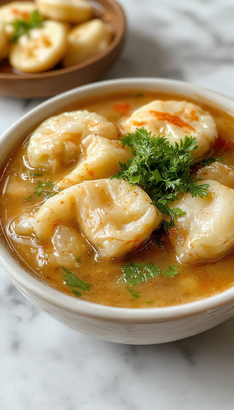 A steaming bowl of Asian dumpling potsticker soup featuring plump, golden-brown dumplings nestled in a clear, aromatic broth garnished with chopped green onions and sesame seeds. The bowl is black with a glossy finish, placed on a rustic wooden table with chopsticks resting beside it, and fresh herbs scattered around for garnish.