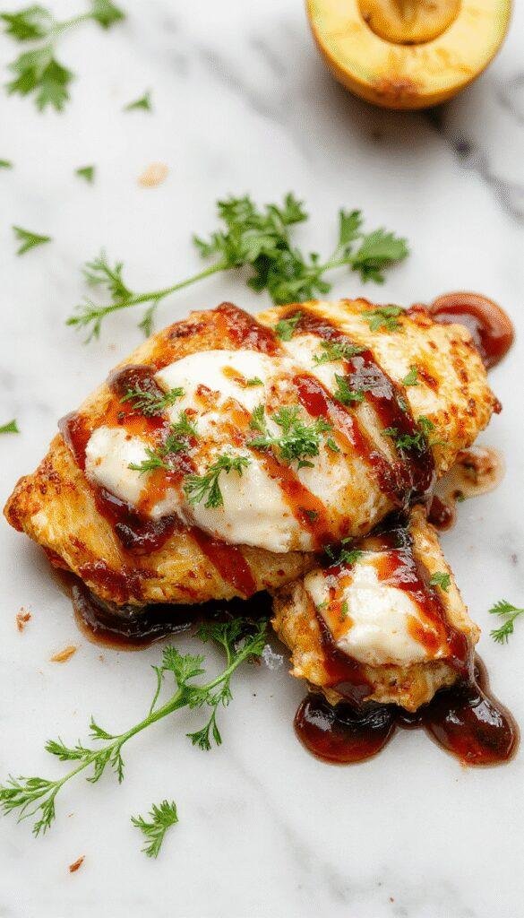 A close-up of a golden-brown baked chicken breast topped with melted mozzarella cheese and drizzled with a rich balsamic glaze, garnished with fresh herbs on a rustic plate, with a side of roasted vegetables in soft focus in the background.