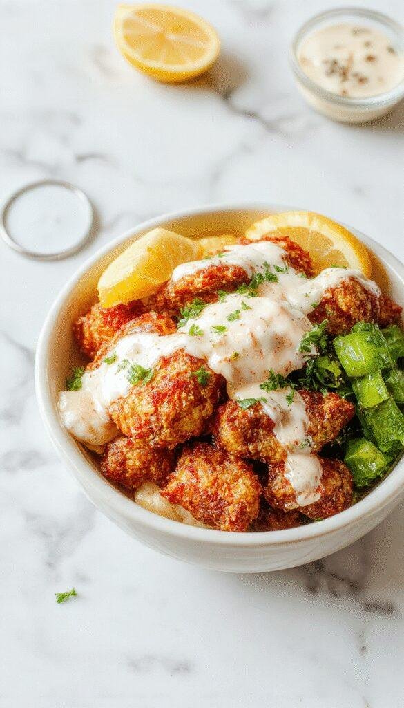 A vibrant chicken bowl featuring golden crispy chicken pieces drizzled with creamy spicy sauce, topped with fresh green scallions and sesame seeds, served over a bed of colorful vegetables and fluffy rice in a stylish white bowl on a rustic wooden table.