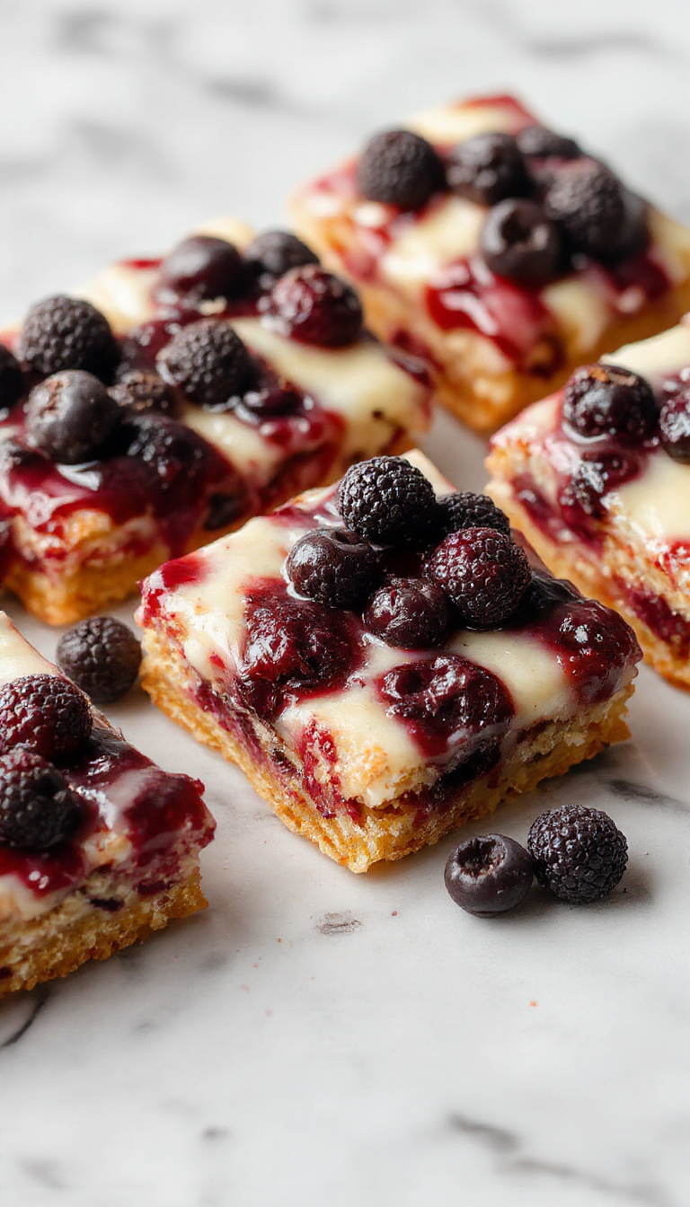 A close-up image of vibrant blueberry cream cheese bars topped with fresh blueberries and a dusting of powdered sugar, showcasing glossy blueberry glaze and creamy layers on a rustic wooden surface, styled with mint leaves for a fresh touch.