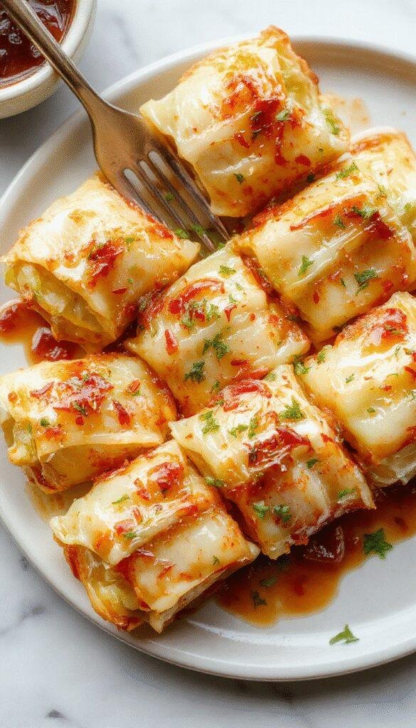 A close-up of a beautifully plated cabbage roll dish, showing golden browned cabbage rolls filled with savory ingredients, garnished with fresh herbs on a white plate set on a rustic wooden table.