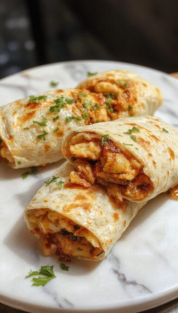 Colorful plated chicken wraps with melted cheese, crispy garlic-seasoned chicken slices, fresh greens, and a drizzle of sauce on a rustic wooden table.
