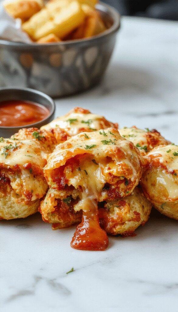 Golden-brown pizza pockets filled with melted cheese and tomato sauce, neatly arranged on a white plate with a sprig of basil, crispy edges, and a glossy surface showing cheese oozing slightly, styled with a rustic wooden background and natural lighting.