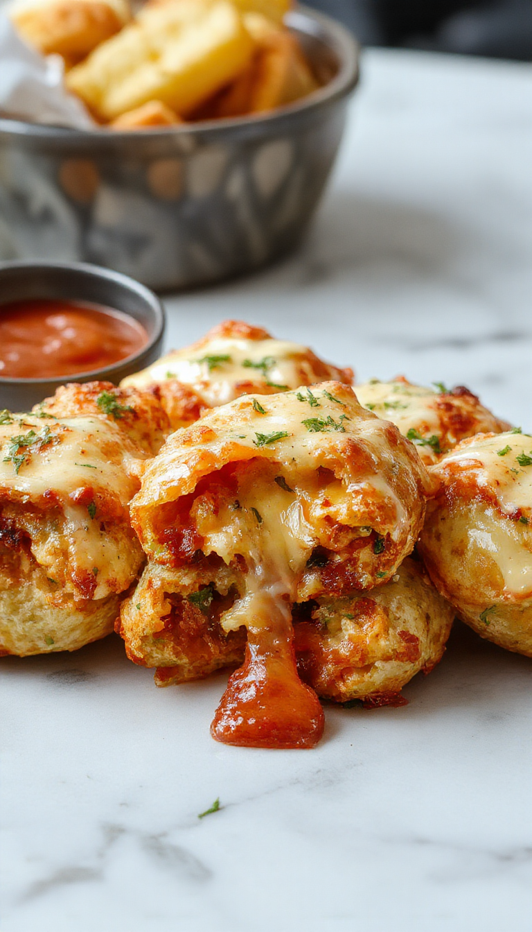 Golden-brown pizza pockets filled with melted cheese and tomato sauce, neatly arranged on a white plate with a sprig of basil, crispy edges, and a glossy surface showing cheese oozing slightly, styled with a rustic wooden background and natural lighting.