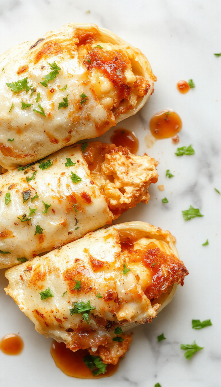 A golden-brown stromboli wrap sliced open to reveal juicy chicken, melted cheese, and crispy ham filling. The stromboli is plated on a rustic wooden board with garnished herbs, showcasing its flaky crust and cheesy interior, with a drizzle of sauce for added appeal.