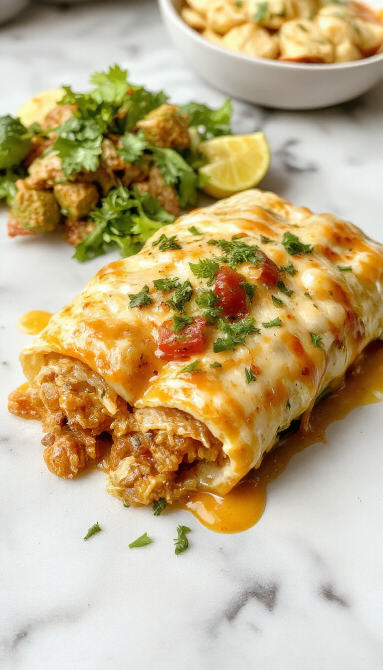 A plate of steaming chicken enchiladas topped with melted cheese, garnished with fresh cilantro and sliced jalapenos, served alongside a colorful side salad.