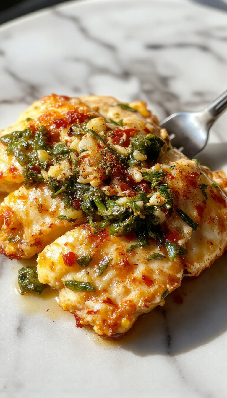 A plate featuring tender chicken breasts topped with sautéed spinach and creamy sauce, garnished with fresh herbs, served on a white ceramic plate with a side of roasted vegetables, vibrant green spinach contrasts with golden-brown chicken, garnished with lemon slices and sprinkled cheese, all presented in an elegant setting