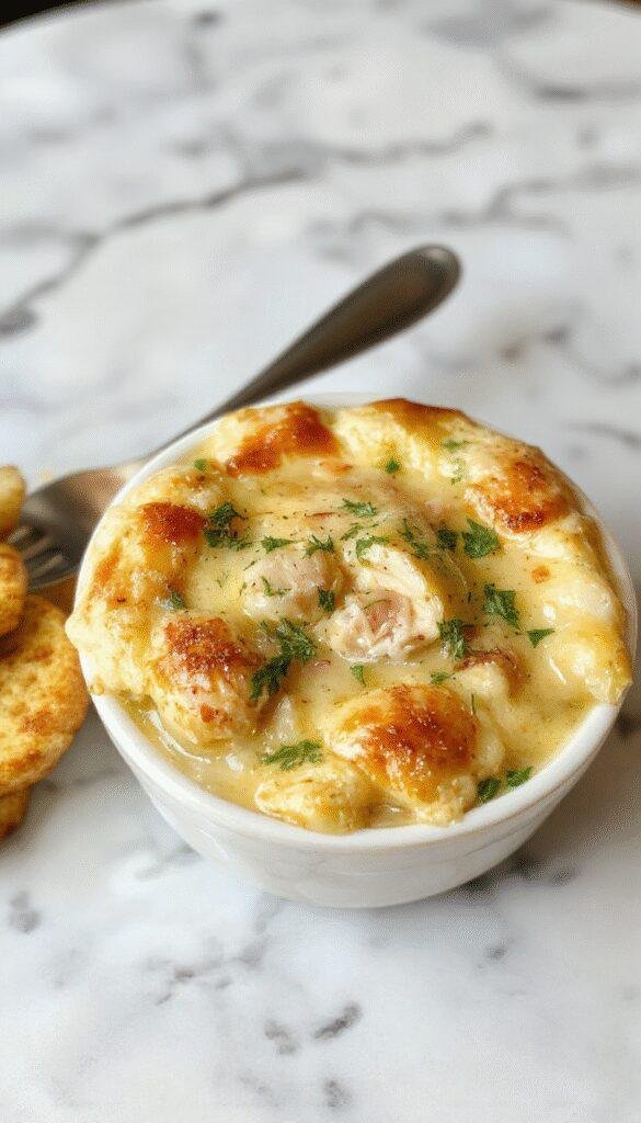 A close-up of a bowl of chicken pot pie soup with a golden, flaky crust topping, creamy broth filled with tender chicken, carrots, peas, and potatoes, garnished with chopped herbs, served on a rustic wooden table with a spoon beside the bowl.