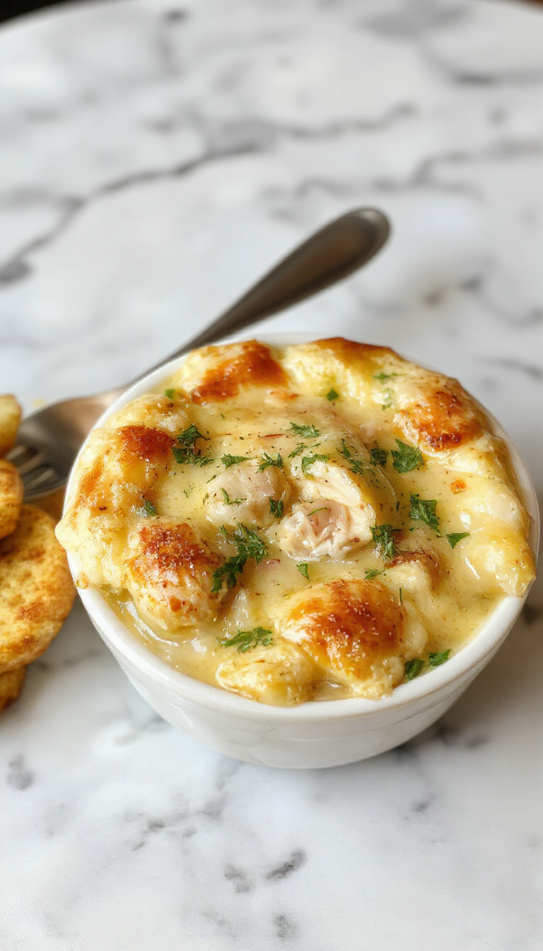 A close-up of a bowl of chicken pot pie soup with a golden, flaky crust topping, creamy broth filled with tender chicken, carrots, peas, and potatoes, garnished with chopped herbs, served on a rustic wooden table with a spoon beside the bowl.