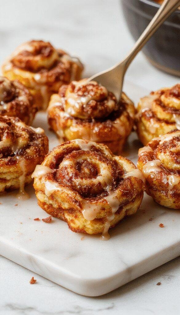 Colorful plate of golden-brown cinnamon roll french toast bites drizzled with maple syrup, topped with powdered sugar and cinnamon, styled on a rustic wooden table with fresh berries and a cup of coffee in the background.