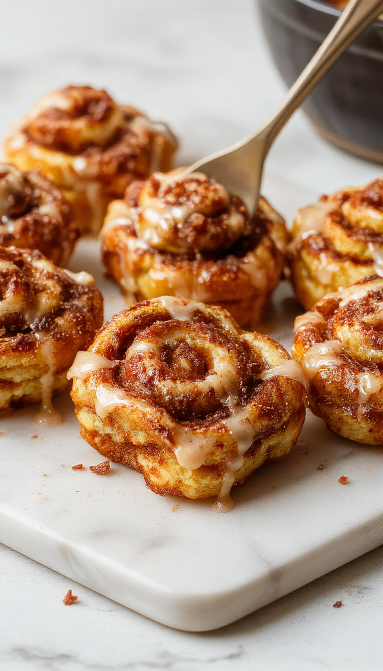 Colorful plate of golden-brown cinnamon roll french toast bites drizzled with maple syrup, topped with powdered sugar and cinnamon, styled on a rustic wooden table with fresh berries and a cup of coffee in the background.