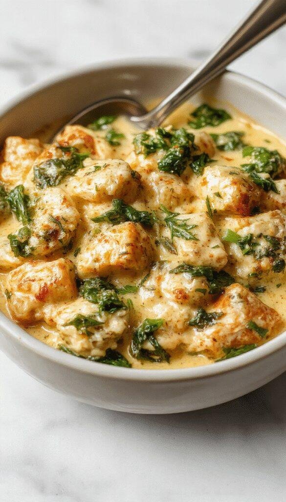 A close-up of a creamy chicken and spinach casserole served in a white dish, topped with melted cheese and fresh herbs, with spinach and chicken pieces visible amid a rich, golden sauce, garnished with herbs and presented on a rustic wooden table.
