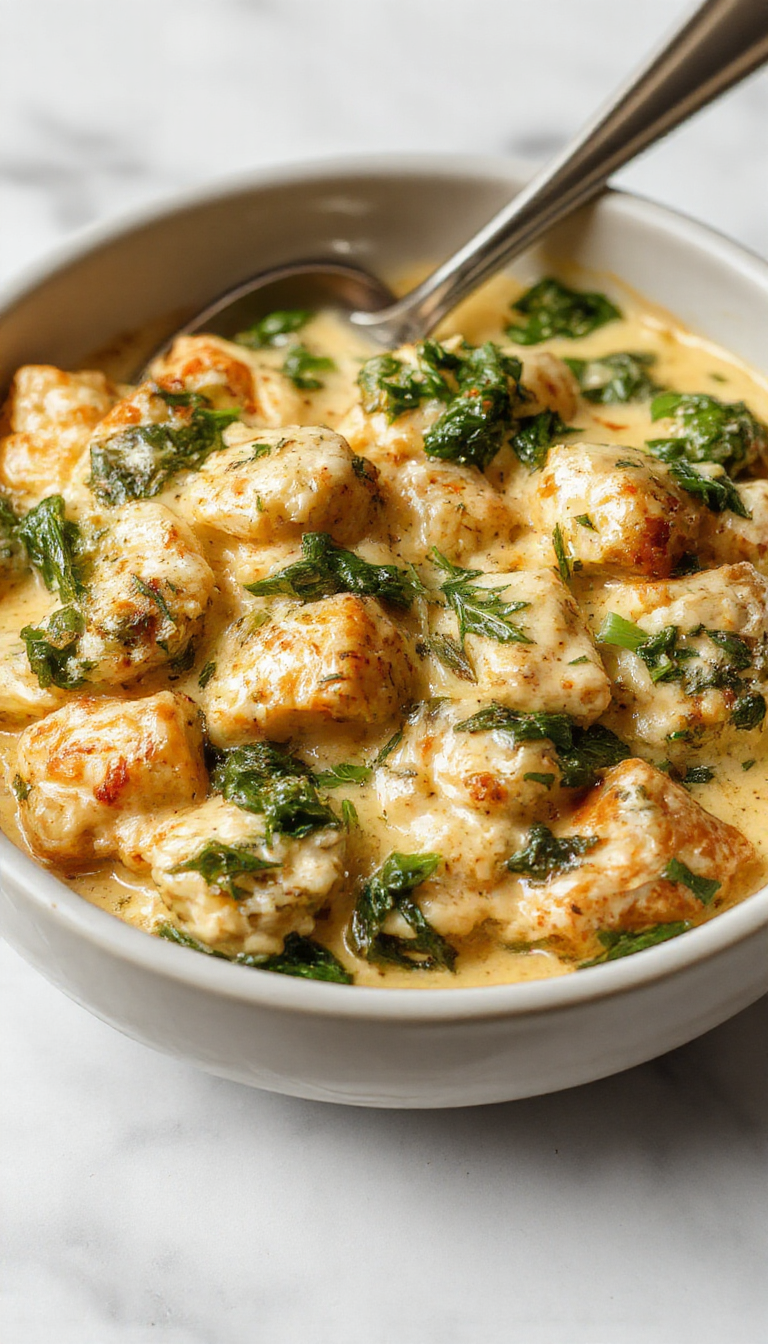 A close-up of a creamy chicken and spinach casserole served in a white dish, topped with melted cheese and fresh herbs, with spinach and chicken pieces visible amid a rich, golden sauce, garnished with herbs and presented on a rustic wooden table.