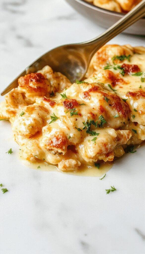 A close-up of a creamy chicken casserole served in a white ceramic dish, topped with melted cheese and herbs. The casserole features tender shredded chicken in a rich, velvety sauce with golden crispy edges, garnished with chopped parsley. The dish is presented on a rustic wooden table with fresh herbs and a side of green vegetables, highlighting its warm and inviting appearance.