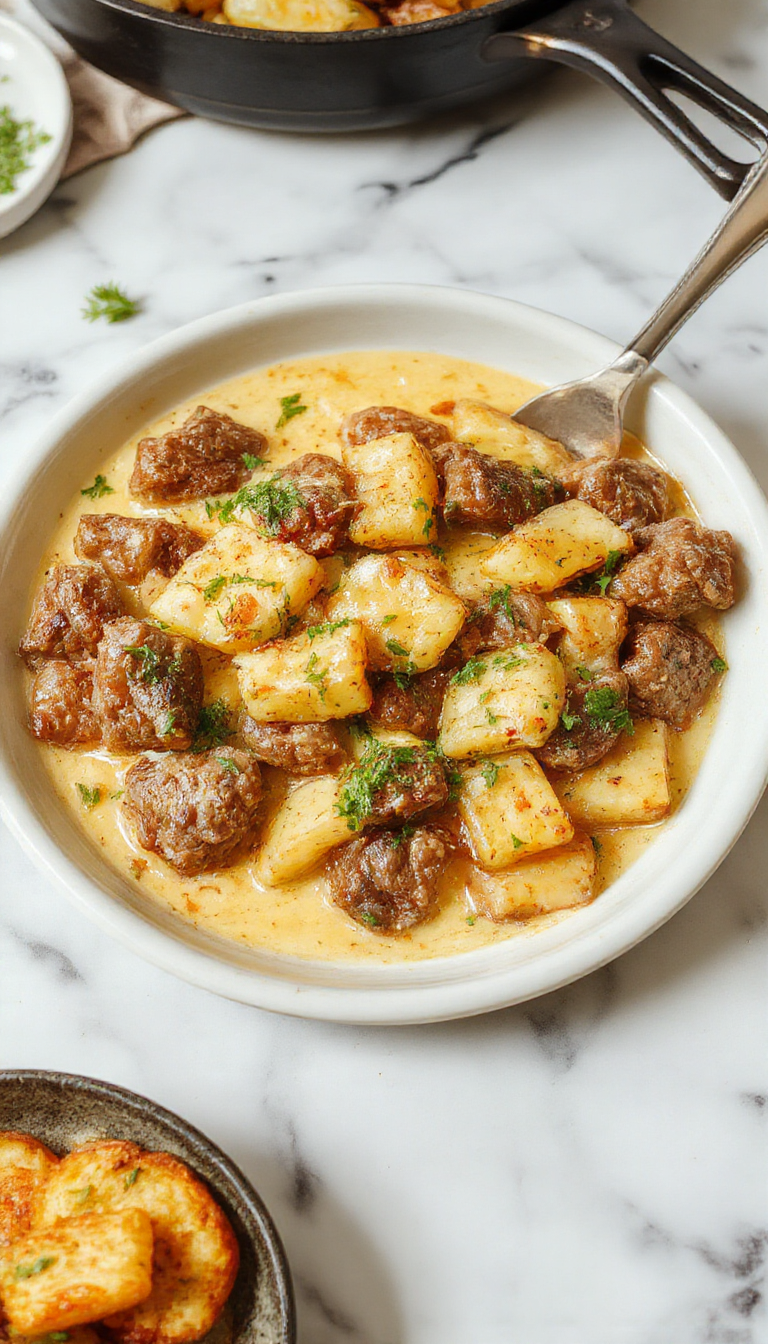 A vibrant skillet filled with tender pieces of meat and golden-brown potato slices, all coated in a rich creamy sauce. The dish is garnished with fresh herbs and served directly in a rustic skillet, showcasing a colorful mix of browns, whites, and greens against a clean white background.