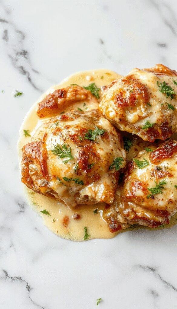A close-up image of golden-brown chicken thighs with a creamy sauce, garnished with herbs, served on a white plate with a rustic wooden background