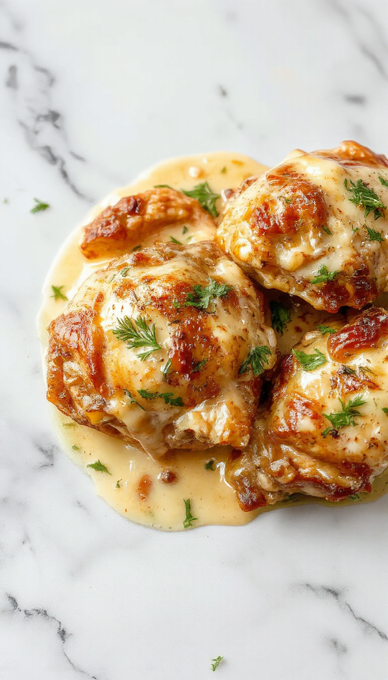A close-up image of golden-brown chicken thighs with a creamy sauce, garnished with herbs, served on a white plate with a rustic wooden background