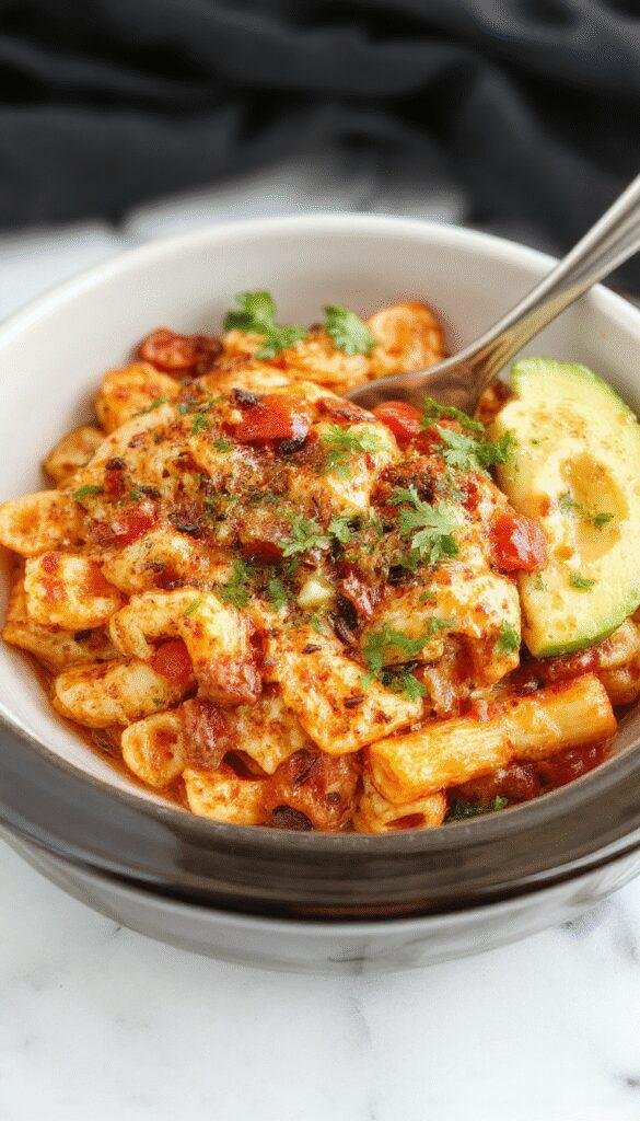 A vibrant bowl of taco pasta featuring spiraled pasta coated in a rich, tomato-based sauce with seasoned ground beef, melted cheese on top, garnished with fresh chopped cilantro and diced tomatoes. The dish is plated neatly on a rustic wooden table, with a side of tortilla chips and lime wedges, showcasing a colorful and appetizing presentation.