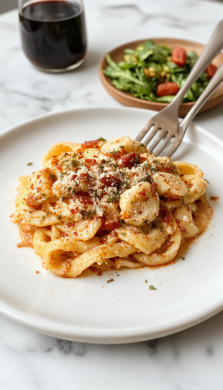 A close-up of a white plate filled with creamy garlic Parmesan chicken pasta featuring tender shredded chicken, al dente pasta, and a generous sprinkle of freshly grated Parmesan cheese. The dish is garnished with chopped parsley and black pepper, with a background of rustic wooden table and a rustic fork resting on the plate. The vibrant colors of the ingredients contrast beautifully, highlighting textures of the creamy sauce, crispy chicken, and fresh herbs.
