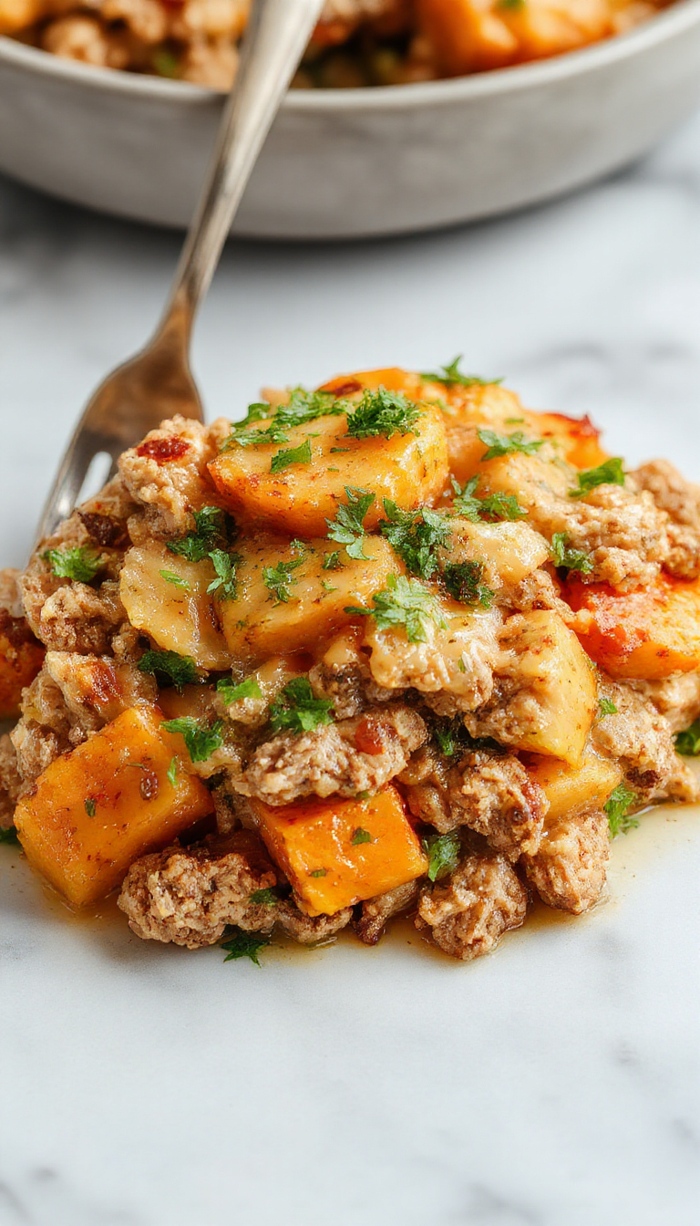 A vibrant, golden baked dish featuring diced ground turkey and sweet potatoes layered in a rustic white ceramic dish; garnished with fresh herbs, with a crispy top and tender interior, surrounded by colorful vegetables and a wooden serving spoon.