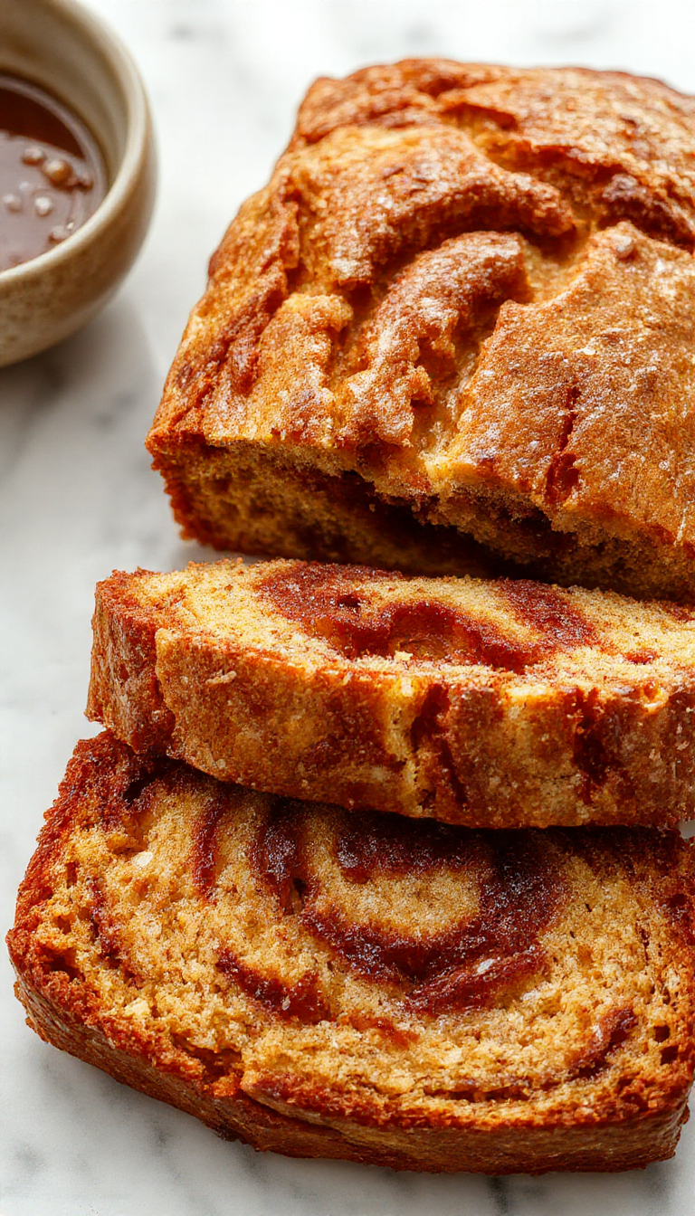 Colorful banana bread with a cinnamon swirl topped with a dusting of powdered sugar on a rustic wooden table, slices neatly arranged revealing the moist crumb and cinnamon pattern, with a fresh banana and cinnamon sticks beside for garnish.