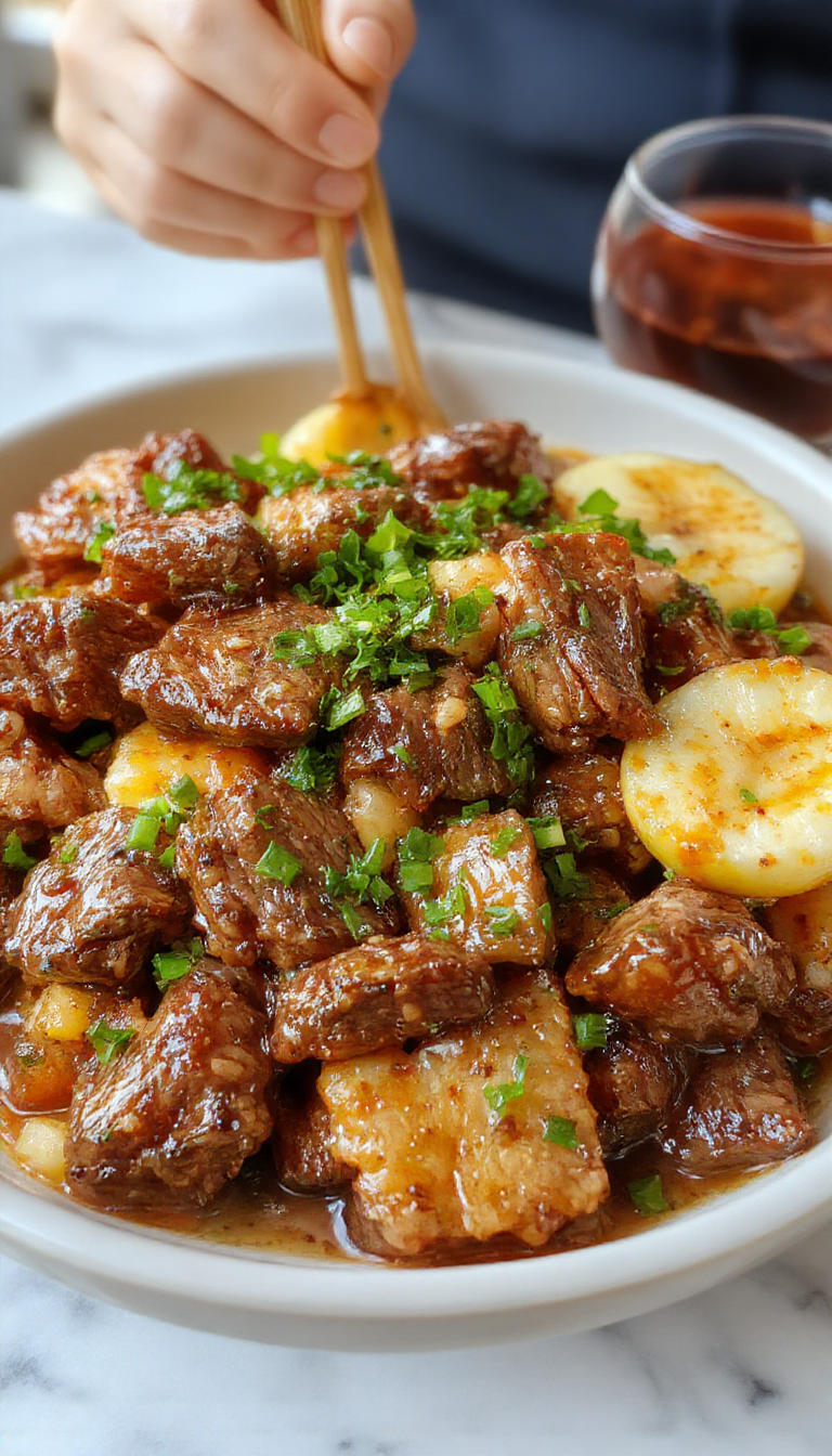 A vibrant plate of Korean beef stir fry featuring thinly sliced beef coated in a glossy, savory sauce. The dish is garnished with sliced green onions and sesame seeds, arranged on a white platter with colorful stir-fried vegetables like bell peppers, carrots, and broccoli, all displayed against a rustic wooden background.