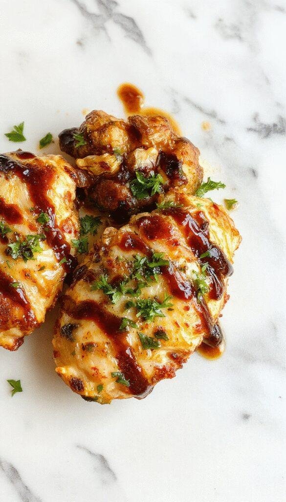 Colorful and appetizing balsamic chicken served on a white ceramic plate, garnished with fresh herbs, with a glossy glaze highlighting the tender chicken thighs and caramelized onions, set on a rustic wooden table with a drizzle of balsamic reduction.