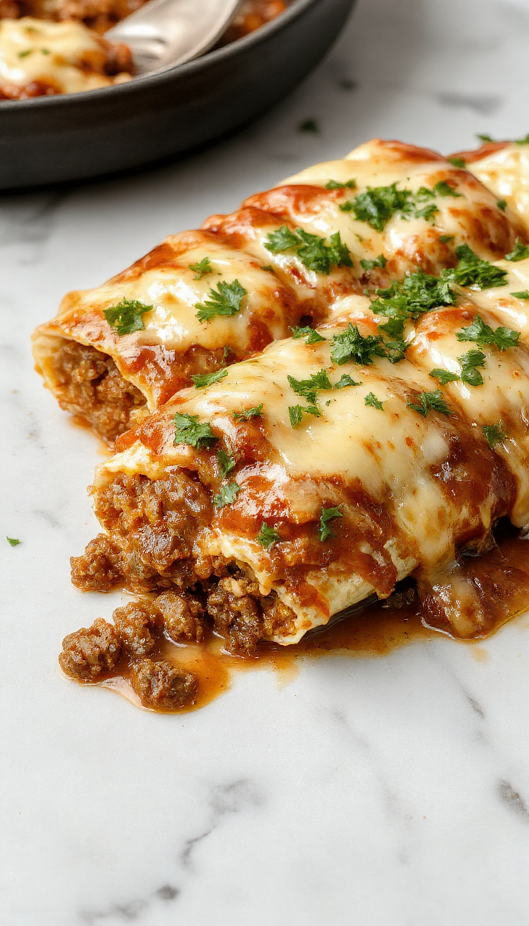 A colorful plate featuring golden-brown cheesy ground beef enchiladas rolled and topped with melted cheese, vibrant red sauce, fresh cilantro, and sliced jalapenos, showcasing a crispy and gooey texture with a rich, inviting presentation.