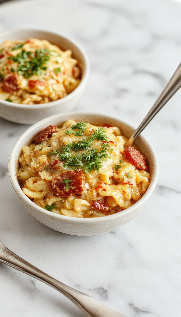 A vibrant plate featuring perfectly cooked orzo pasta mixed with colorful cherry tomatoes, fresh herbs, and grated Parmesan cheese. The dish is artfully plated on a rustic white plate, garnished with basil leaves, with a fork beside it, set on a wooden table with natural lighting emphasizing the textures and bright colors.