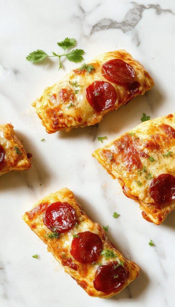 A colorful plate of pepperoni pizzadillas with melted cheese and crispy golden crust, garnished with fresh herbs, served on a rustic wooden table