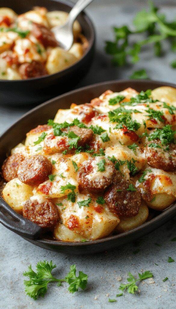 A family-style dish featuring baked potatoes topped with savory sausage, creamy ranch sauce, melted cheese, and fresh herbs, served on a rustic plate.