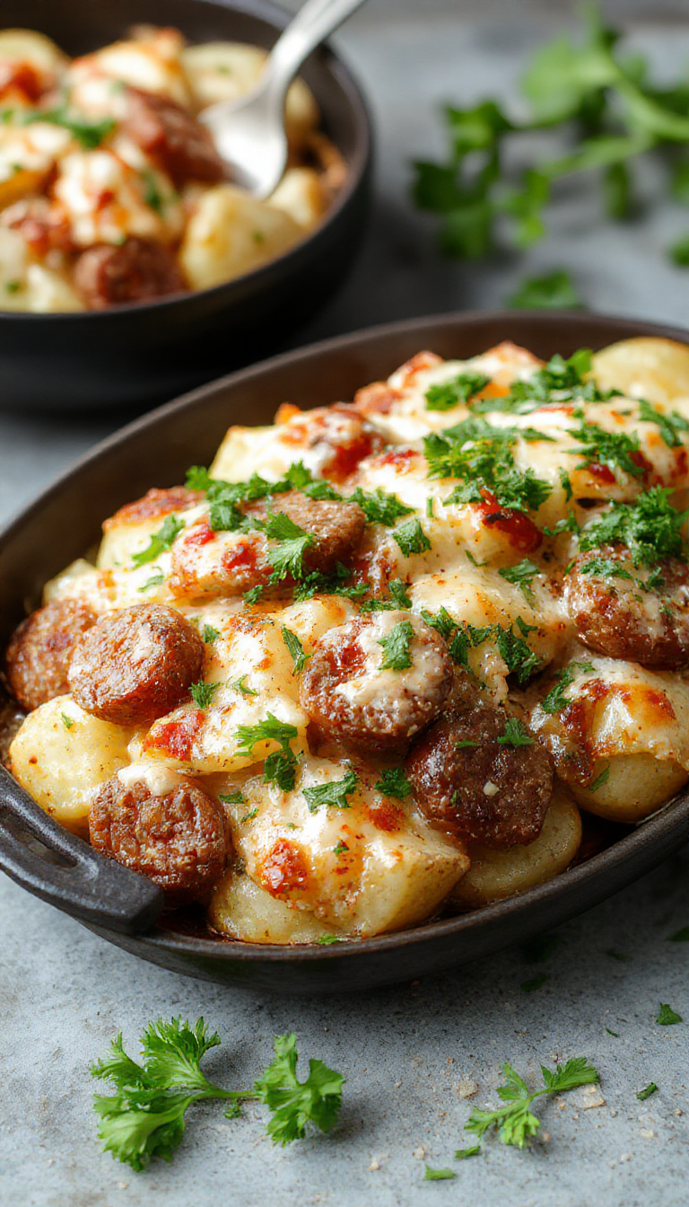 A family-style dish featuring baked potatoes topped with savory sausage, creamy ranch sauce, melted cheese, and fresh herbs, served on a rustic plate.