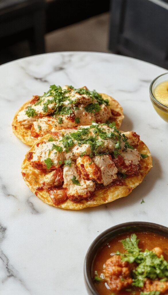 A vibrant plate of crispy tostadas topped with shredded rotisserie chicken, fresh lettuce, diced tomatoes, melted cheese, and drizzled with creamy sauce, all arranged on a rustic wooden table with colorful ingredients scattered around.
