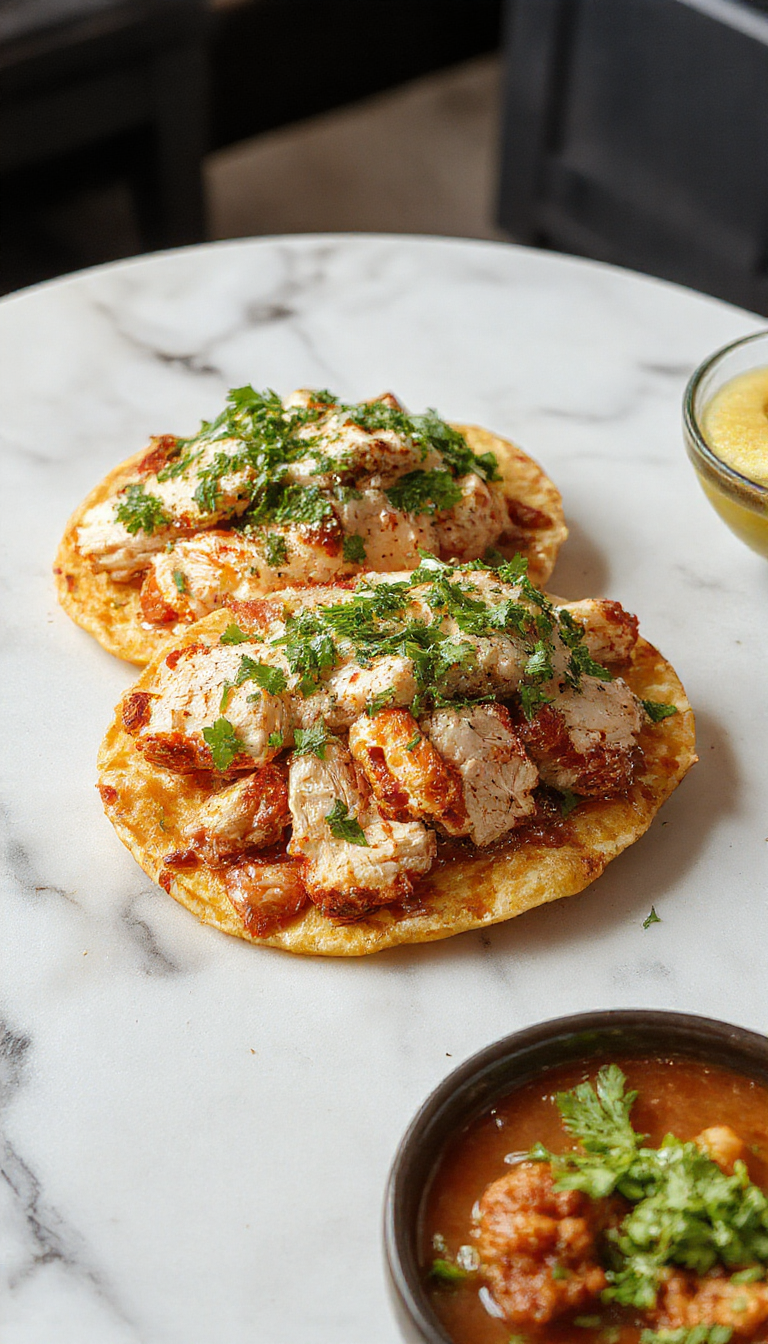 A vibrant plate of crispy tostadas topped with shredded rotisserie chicken, fresh lettuce, diced tomatoes, melted cheese, and drizzled with creamy sauce, all arranged on a rustic wooden table with colorful ingredients scattered around.