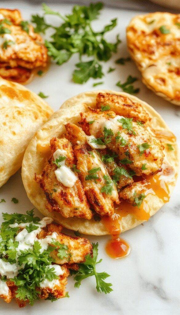 Colorful plate showcasing golden-baked chicken pieces nestled inside soft pita bread, topped with vibrant green herb ranch slaw, drizzled with sauce, on a rustic wooden table.