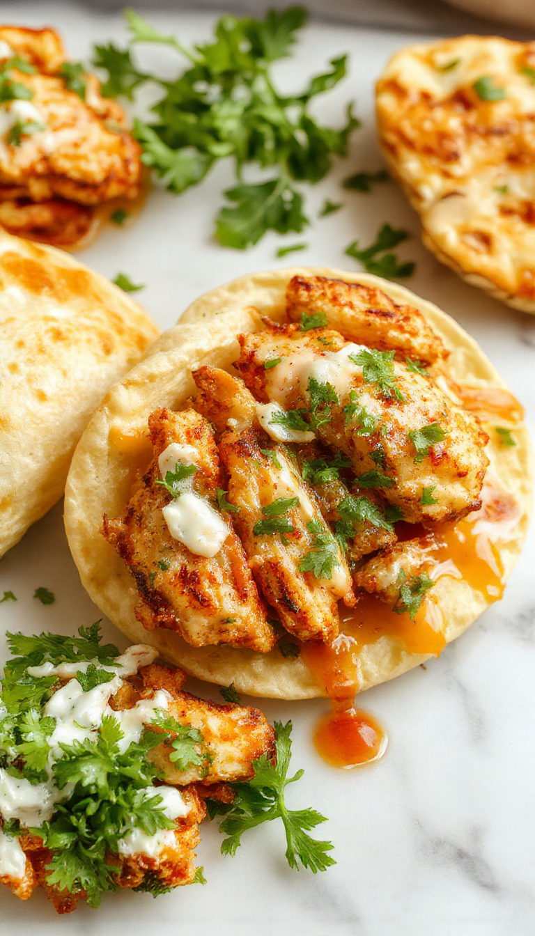 Colorful plate showcasing golden-baked chicken pieces nestled inside soft pita bread, topped with vibrant green herb ranch slaw, drizzled with sauce, on a rustic wooden table.