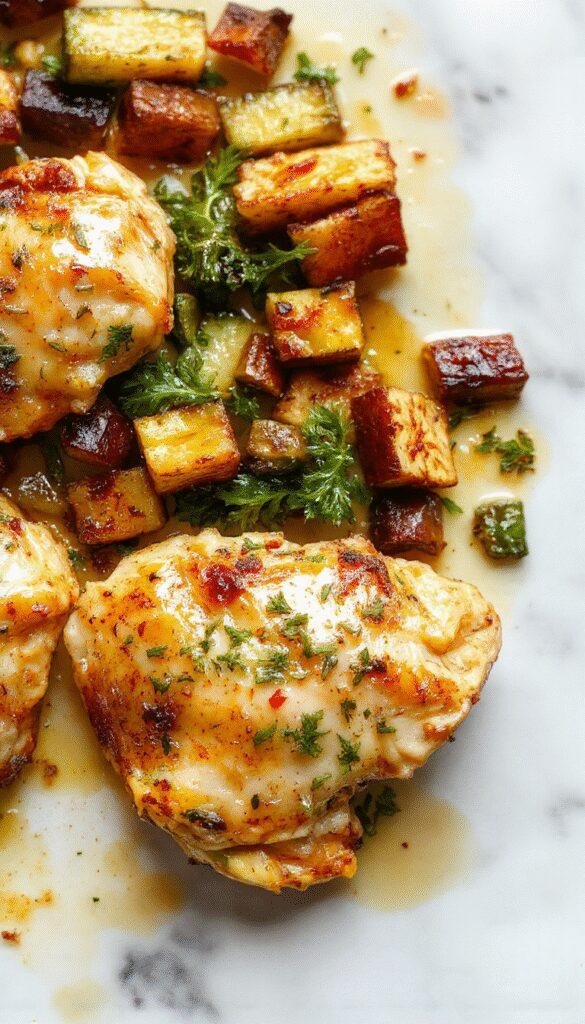 A vibrant sheet pan meal featuring crispy golden chicken pieces coated in garlic butter, surrounded by colorful roasted vegetables like carrots, bell peppers, broccoli, and zucchini. The dish is garnished with fresh herbs and presented on a rustic white platter with a golden-brown crust on the chicken, steam rising from the hot vegetables, and a glossy, savory appearance.