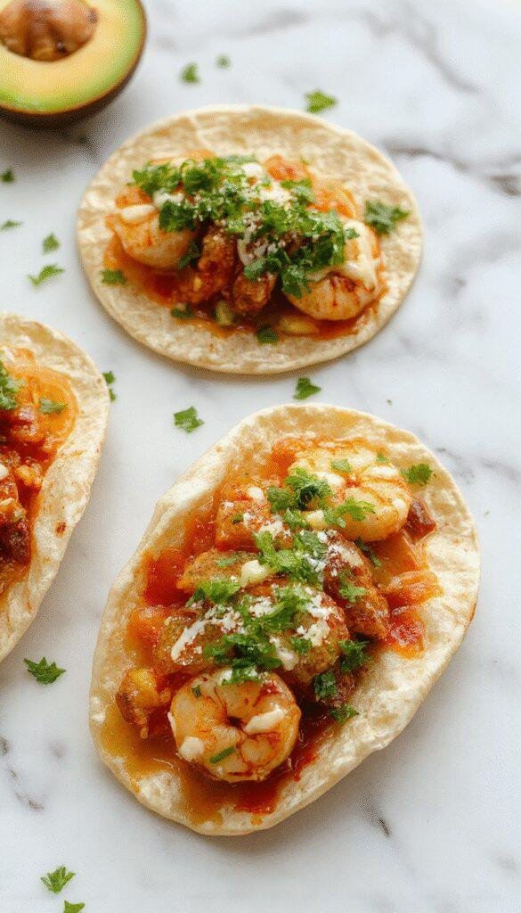 A vibrant plate of shrimp tacos with golden-brown grilled shrimp nestled in soft corn tortillas, topped with colorful diced tomatoes, fresh cilantro, and a drizzle of lime crema. The tacos are arranged on a rustic wooden platter with a side of lime wedges and shredded lettuce, with a blurred background highlighting a lively, summery meal setting.