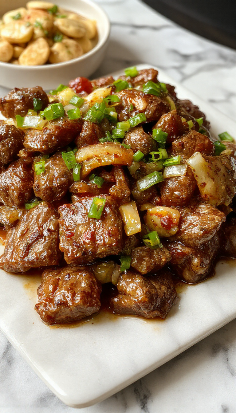 A sizzling hot cast-iron skillet featuring tender beef strips glazed with a glossy dark soy sauce, topped with sliced green onions and red bell peppers. The dish is garnished with freshly ground black pepper, surrounded by a vibrant backdrop of steaming white rice and crispy onion slices, with a colorful array of vegetables and a hint of steam rising from the plate.