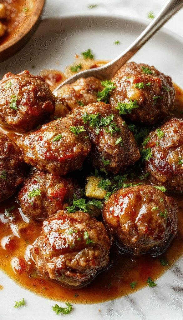 A rustic wooden table showcasing a serving of juicy Salisbury steak meatballs glazed with rich brown sauce, garnished with fresh parsley, accompanied by creamy mashed potatoes and steamed vegetables, with a background of a slow cooker pot and warm ambient lighting.